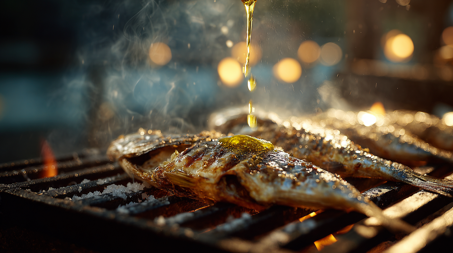 Close-up of grilled Portuguese fish with salt and olive oil.