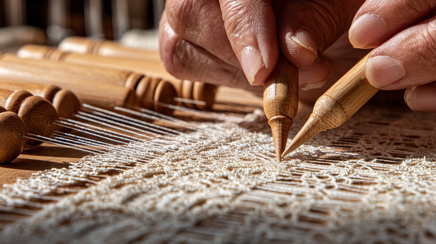 Close-up of bobbin lace craft with wooden bobbins.