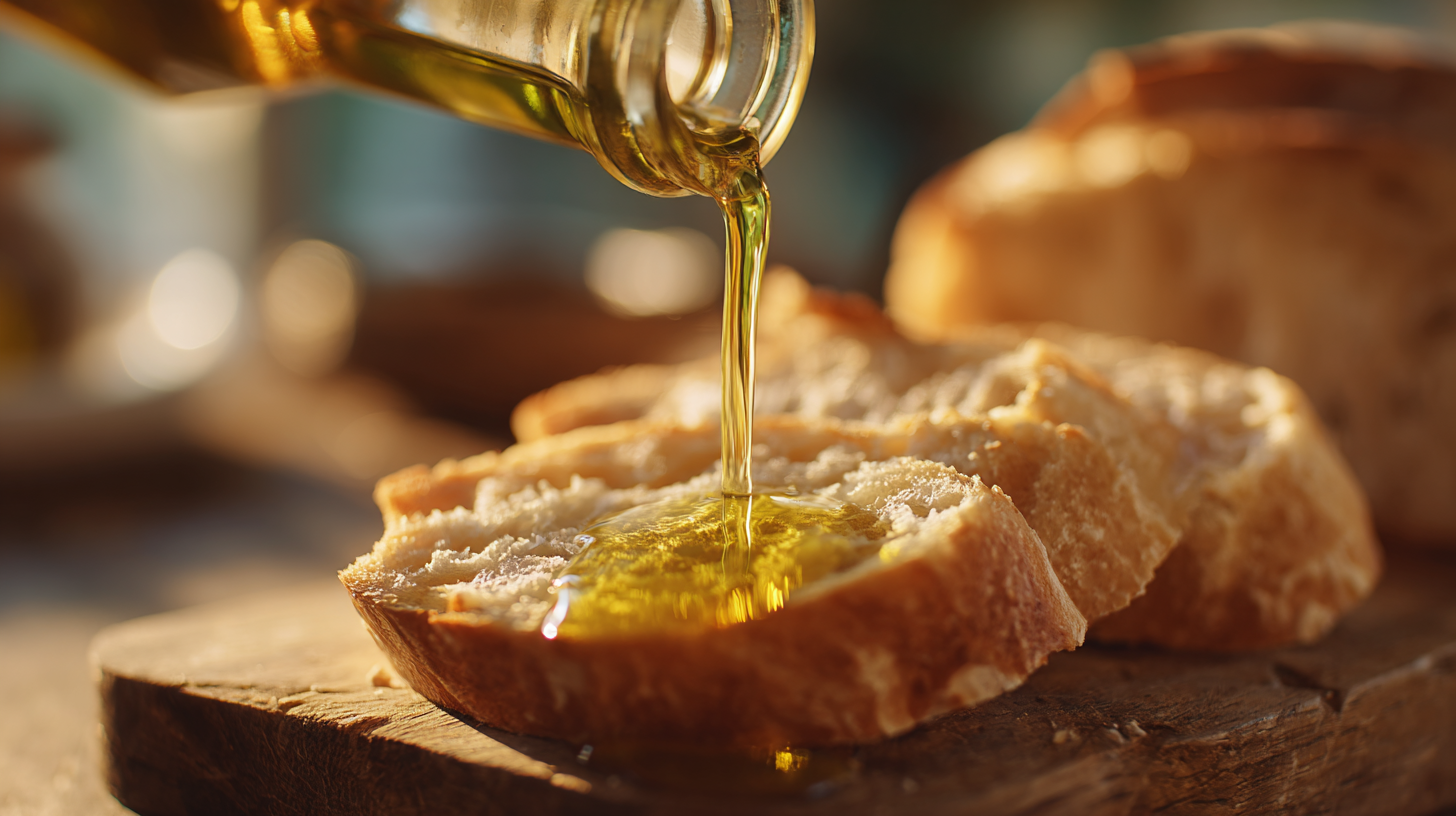 Close-up of olive oil poured over rustic Portuguese bread.