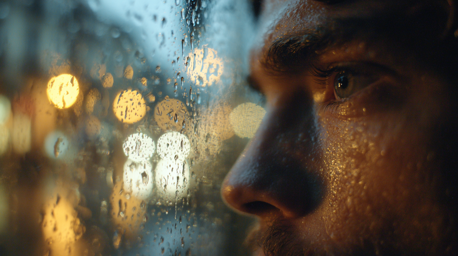 Close-up of a traveler looking out a rainy café window in Portugal.