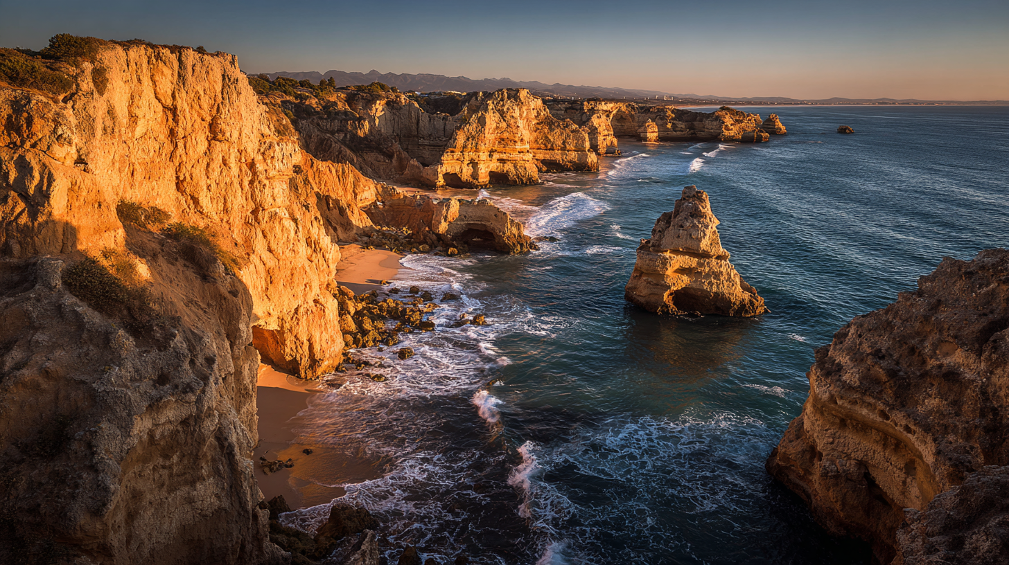 Golden-hour light on Portugal’s sculpted coastal cliffs.