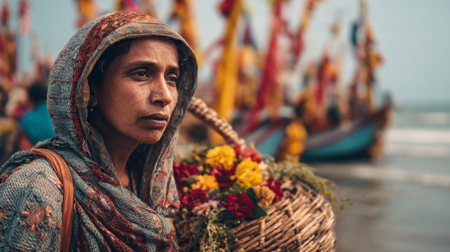 Close-up of a woman carrying a basket during a Portuguese coastal festival.