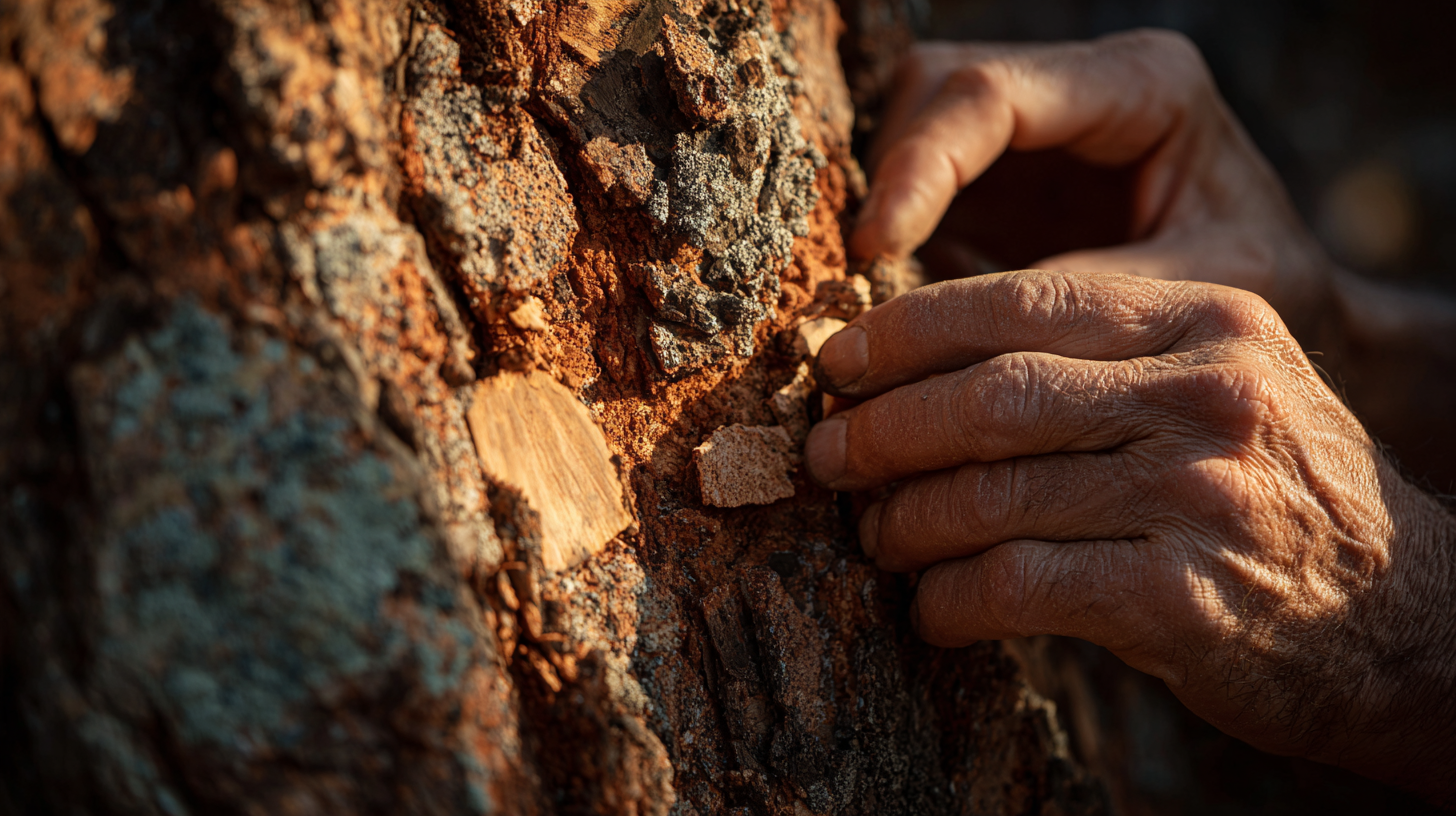 Close-up of hands harvesting cork bark from a tree.