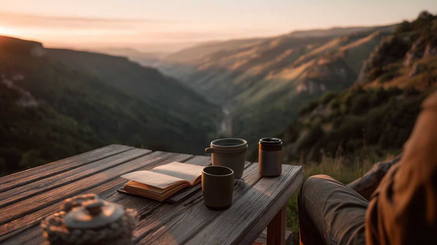 Travelers relaxing on a wooden deck overlooking nature at sunset.