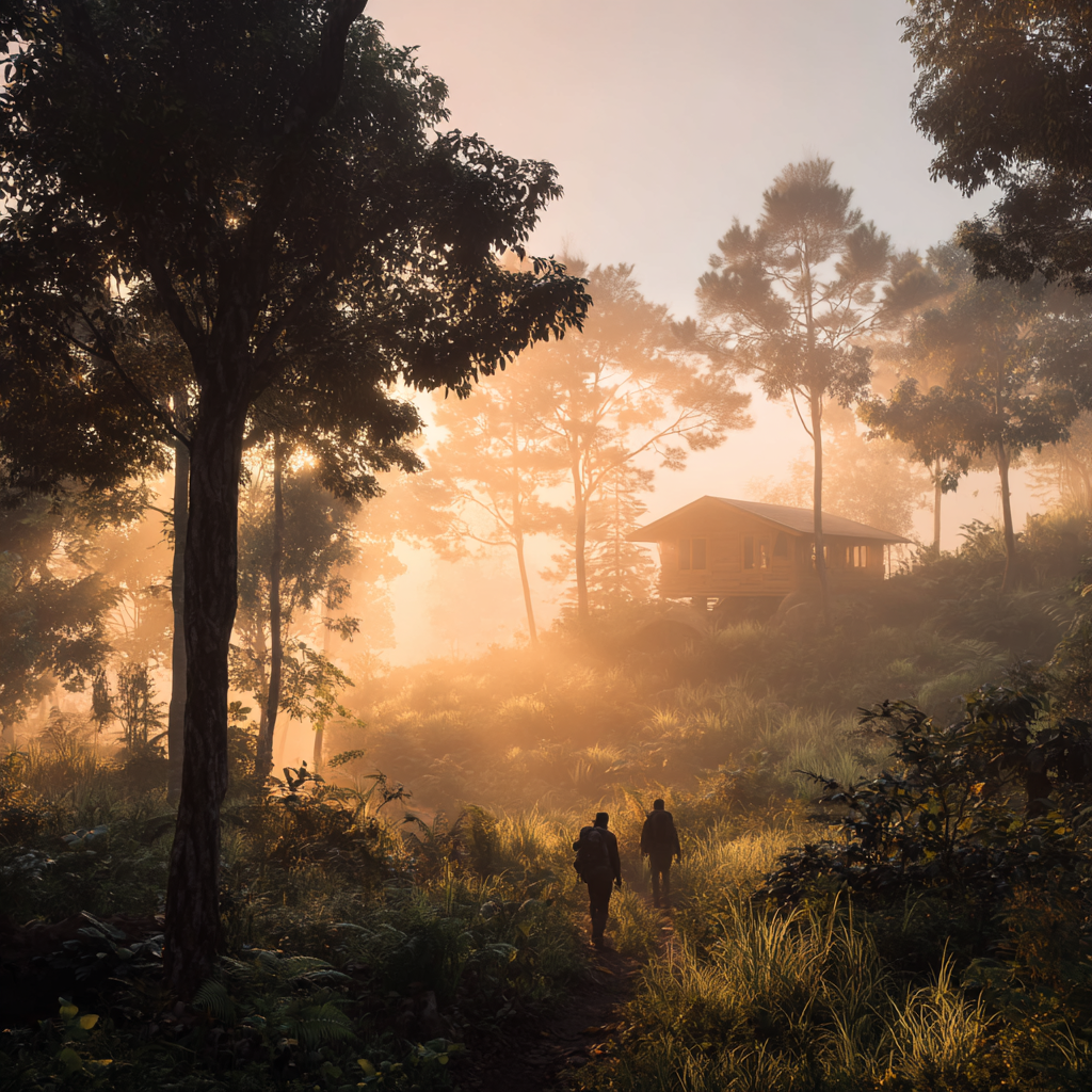 Eco-travelers walking along a misty forest at sunrise near an eco-lodge.