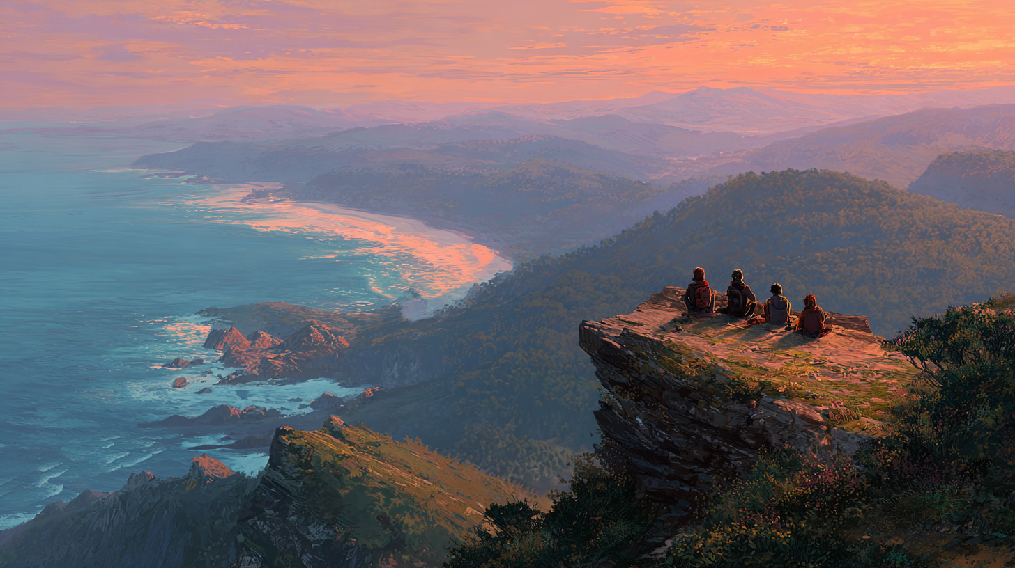 Travelers sitting on a cliff overlooking Portugal’s landscapes at sunset.