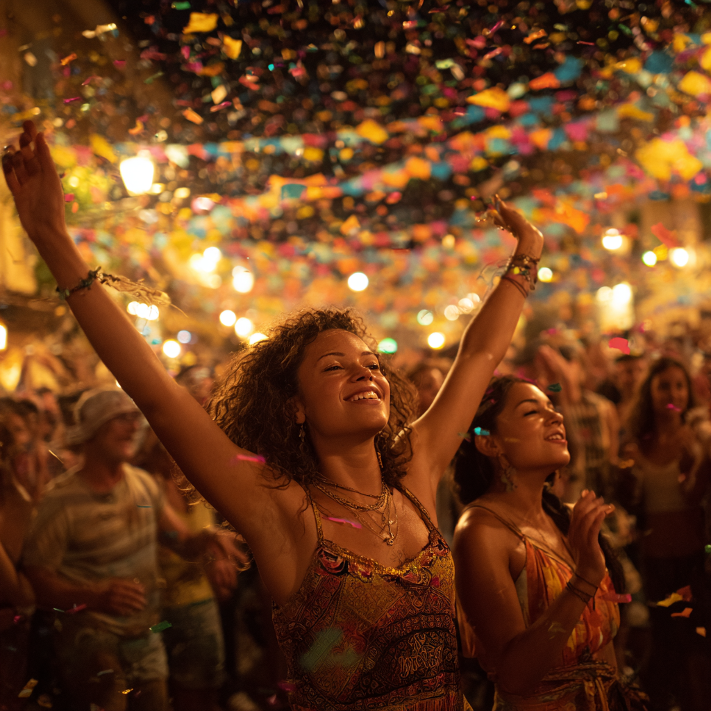 Close-up of dancers celebrating at a Portuguese night festival.