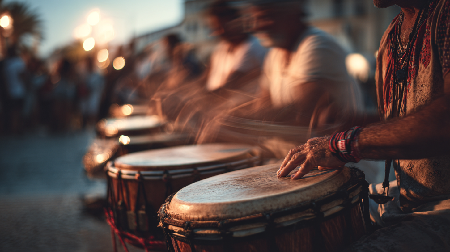 Close-up of drummers performing at a Portuguese festival.