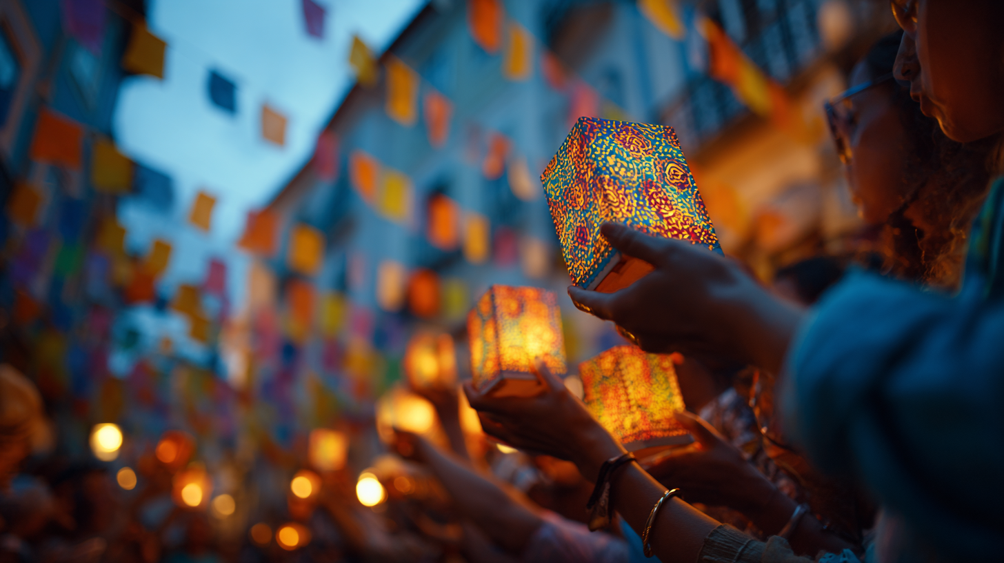 Close-up of people holding lanterns during a Portuguese festival. Portugal festivals celebrated through traditional lanterns and street performances.