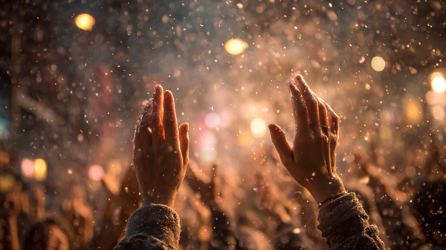 Close-up of hands raised together during a festival celebration in Portugal.