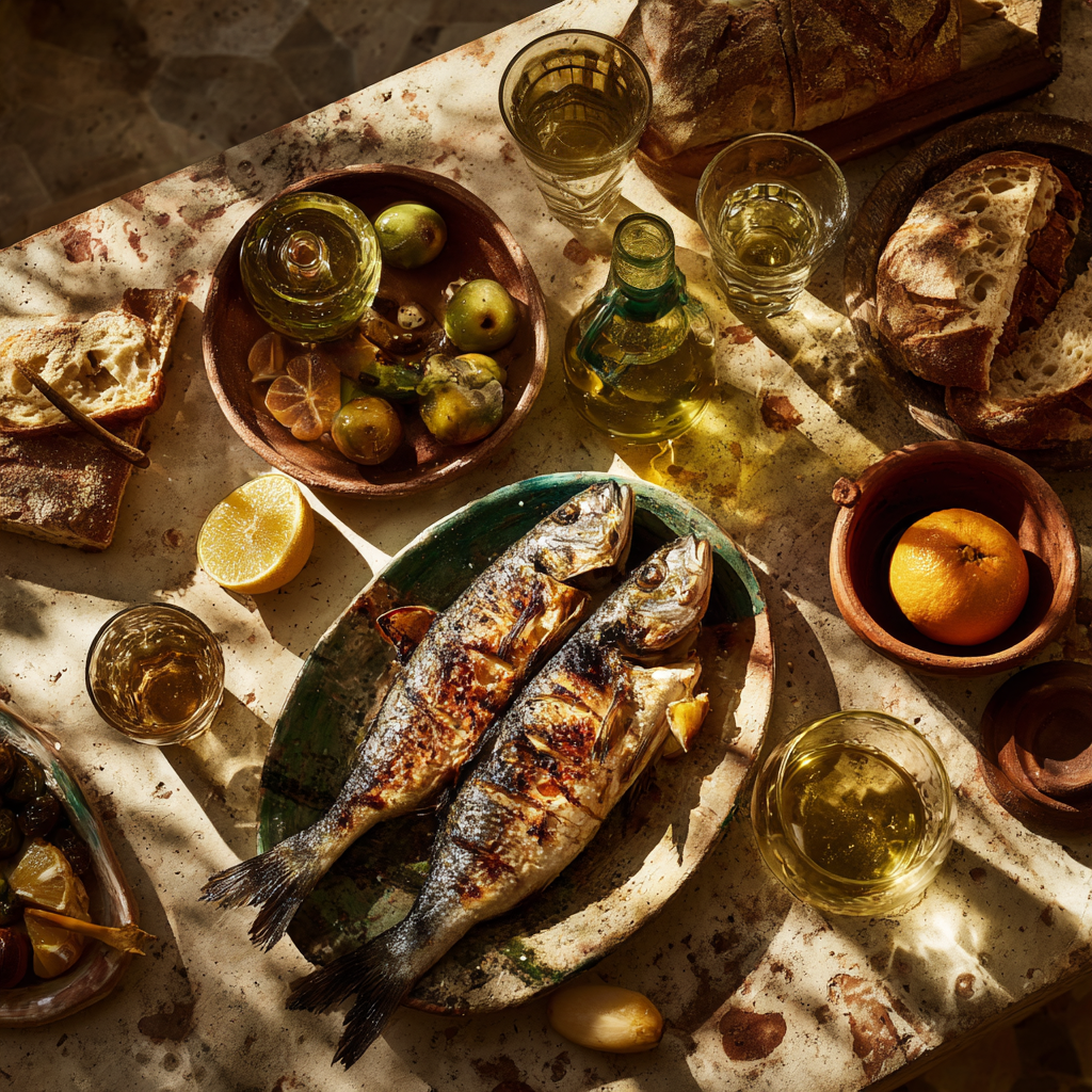 Overhead shot of traditional Portuguese foods on a rustic table.