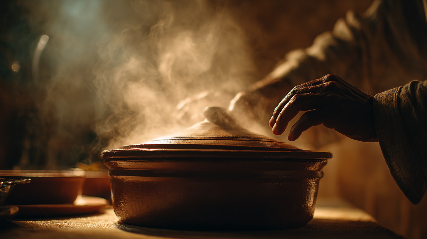 Traditional Portuguese cuisine cooking with steam rising from a clay pot