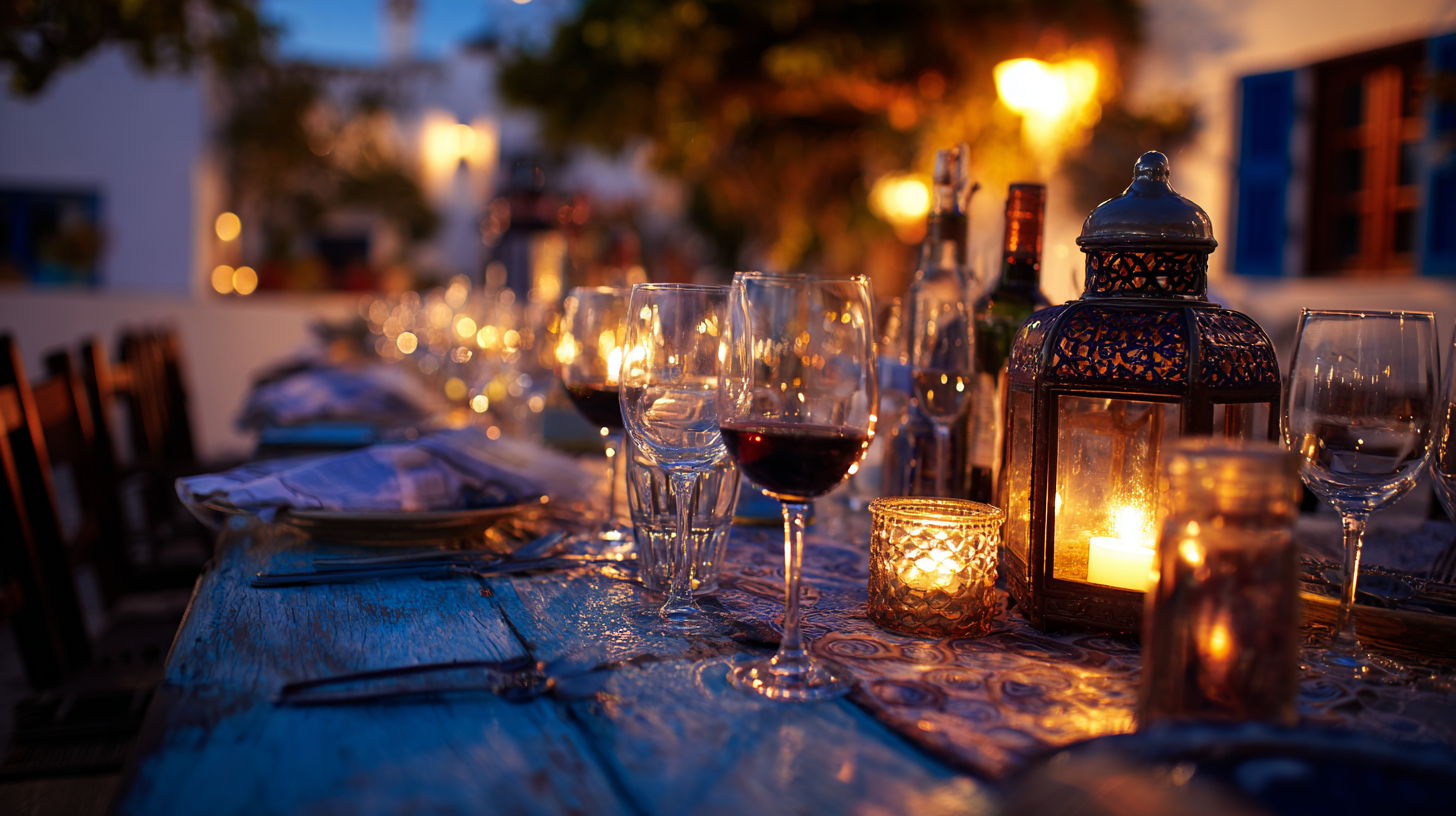 Outdoor dinner table in twilight with candles and wine glasses.