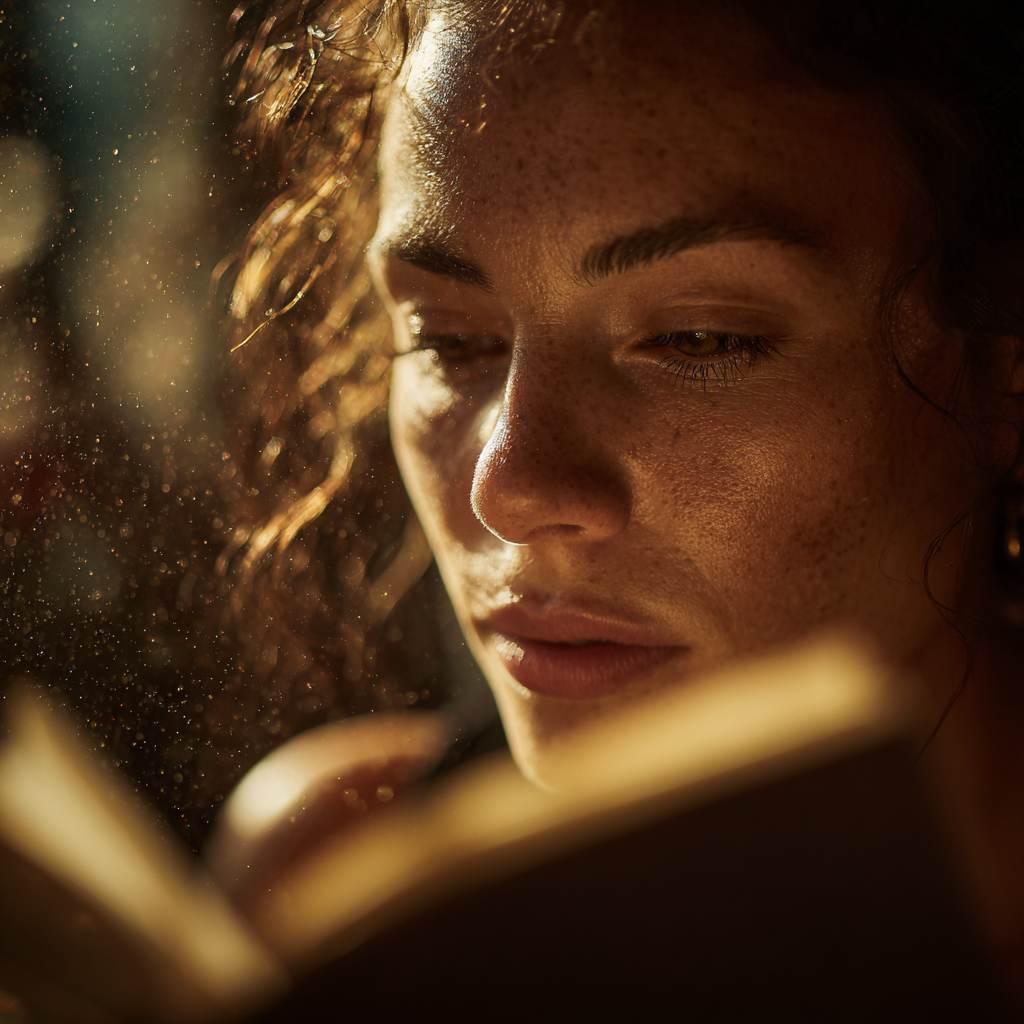 Close-up of a person reading a Portuguese book in warm café light.