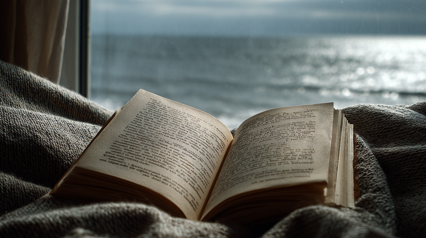 Close-up of an open Portuguese book illuminated by soft coastal light.