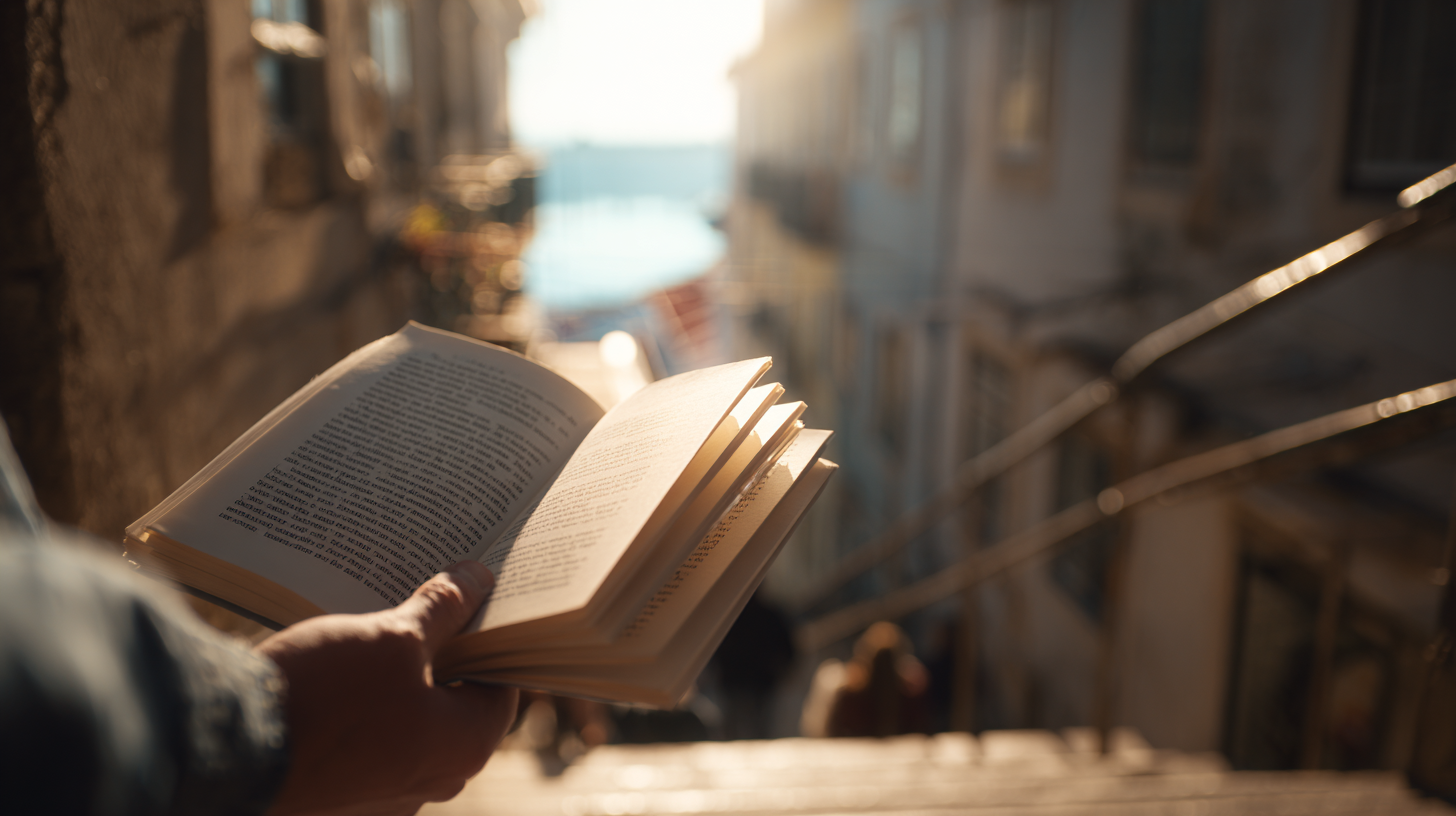 Close-up of a person walking with an open book in Portugal.