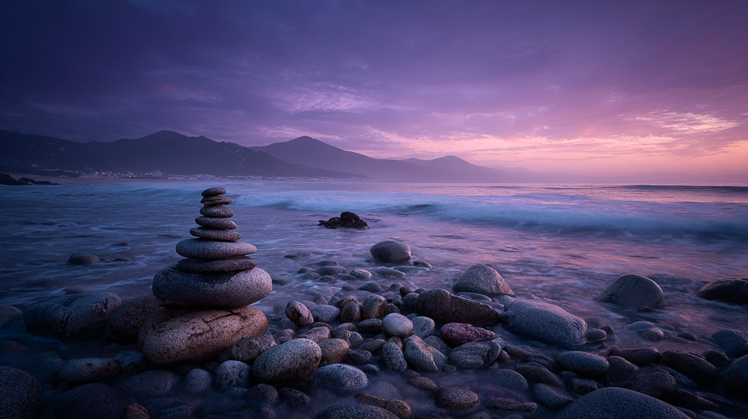 Twilight panorama blending waves, cliffs, mountains, and plains. Portugal adventure through wind-shaped coastal grass and ocean light.