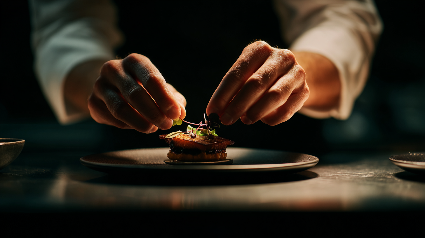 Chef plating a modern reinterpretation of a Portuguese dish.