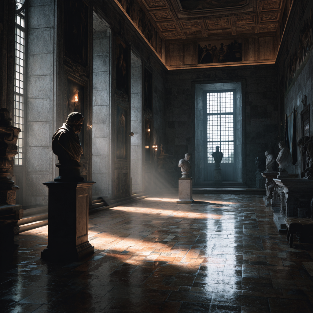 Sunlight illuminating a quiet museum hall in Portugal.