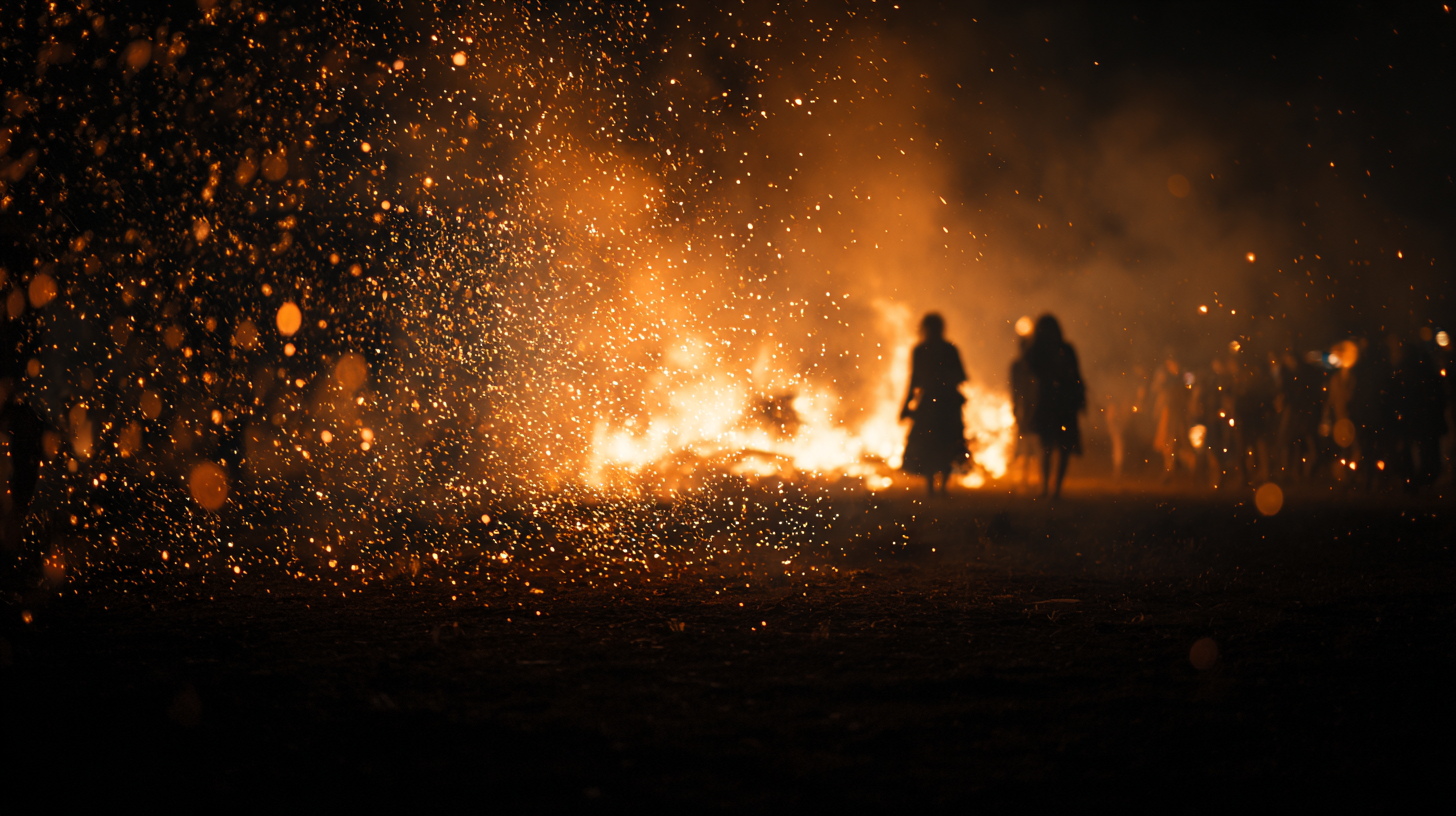 Close-up of a bonfire at a Portuguese night festival.