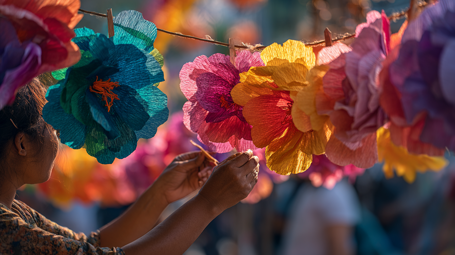 Close-up of hands placing paper flowers for a Portuguese street festival.