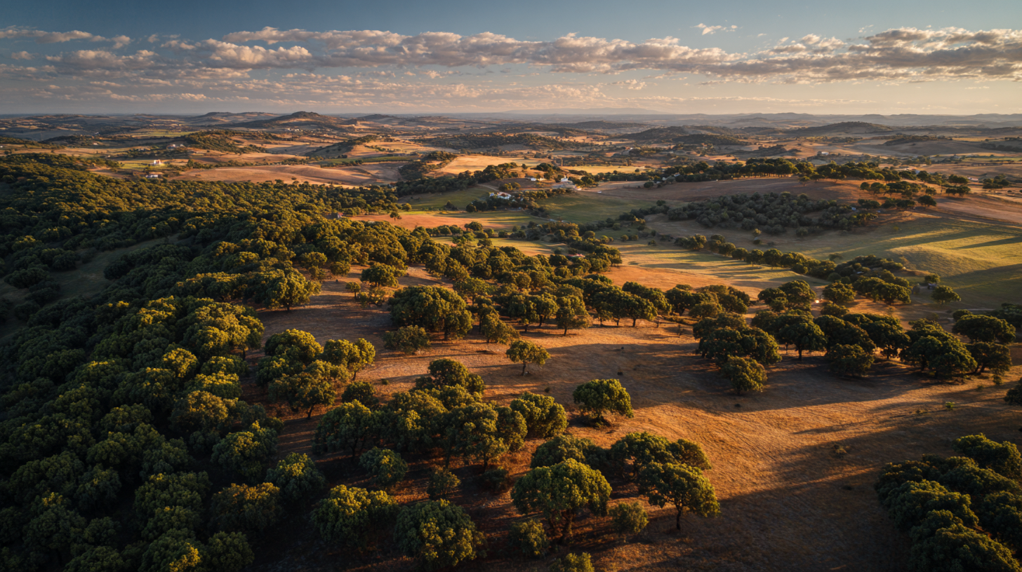 Sunset over cork-oak forests and plains in rural Portugal.