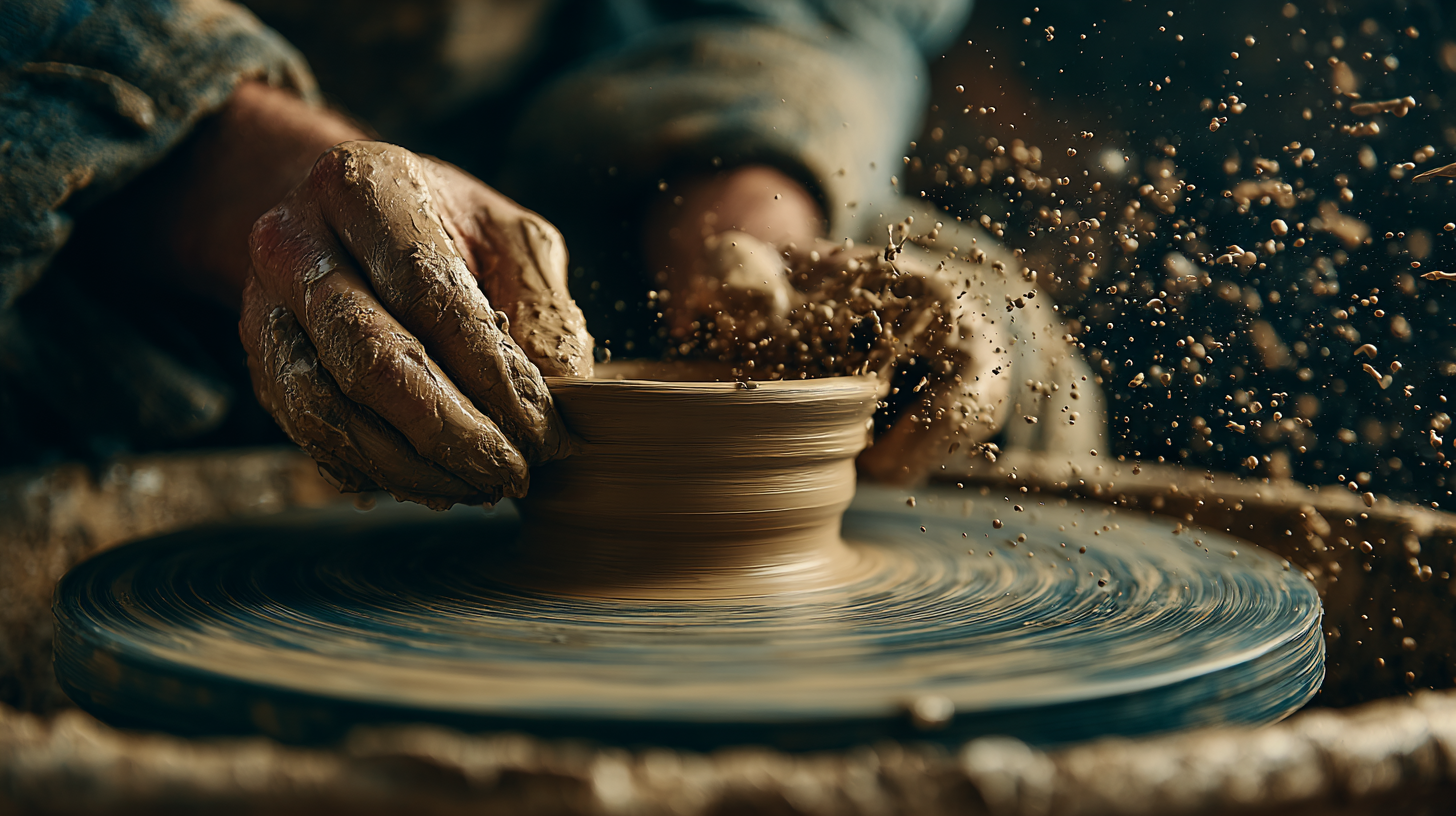 Close-up of hands shaping clay on a pottery wheel.