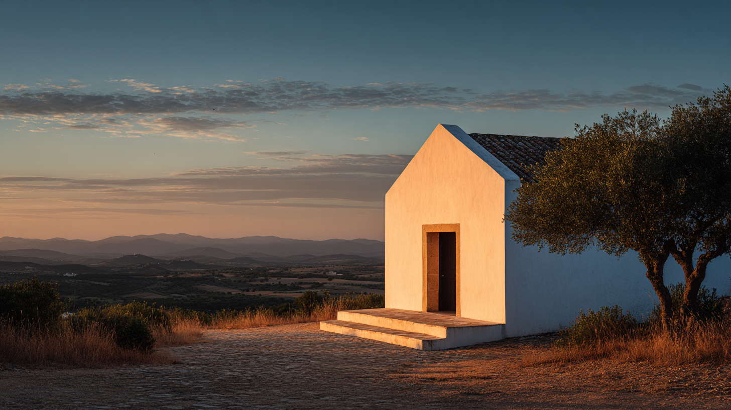 A small rural chapel in Portugal glowing at sunset.