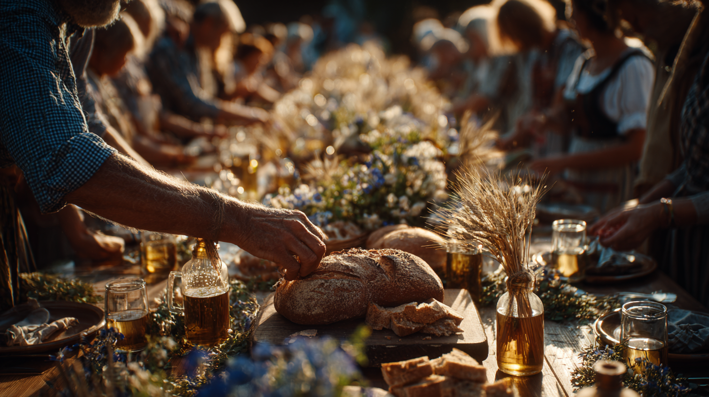 Close-up of villagers setting tables for a rural Portuguese festival.