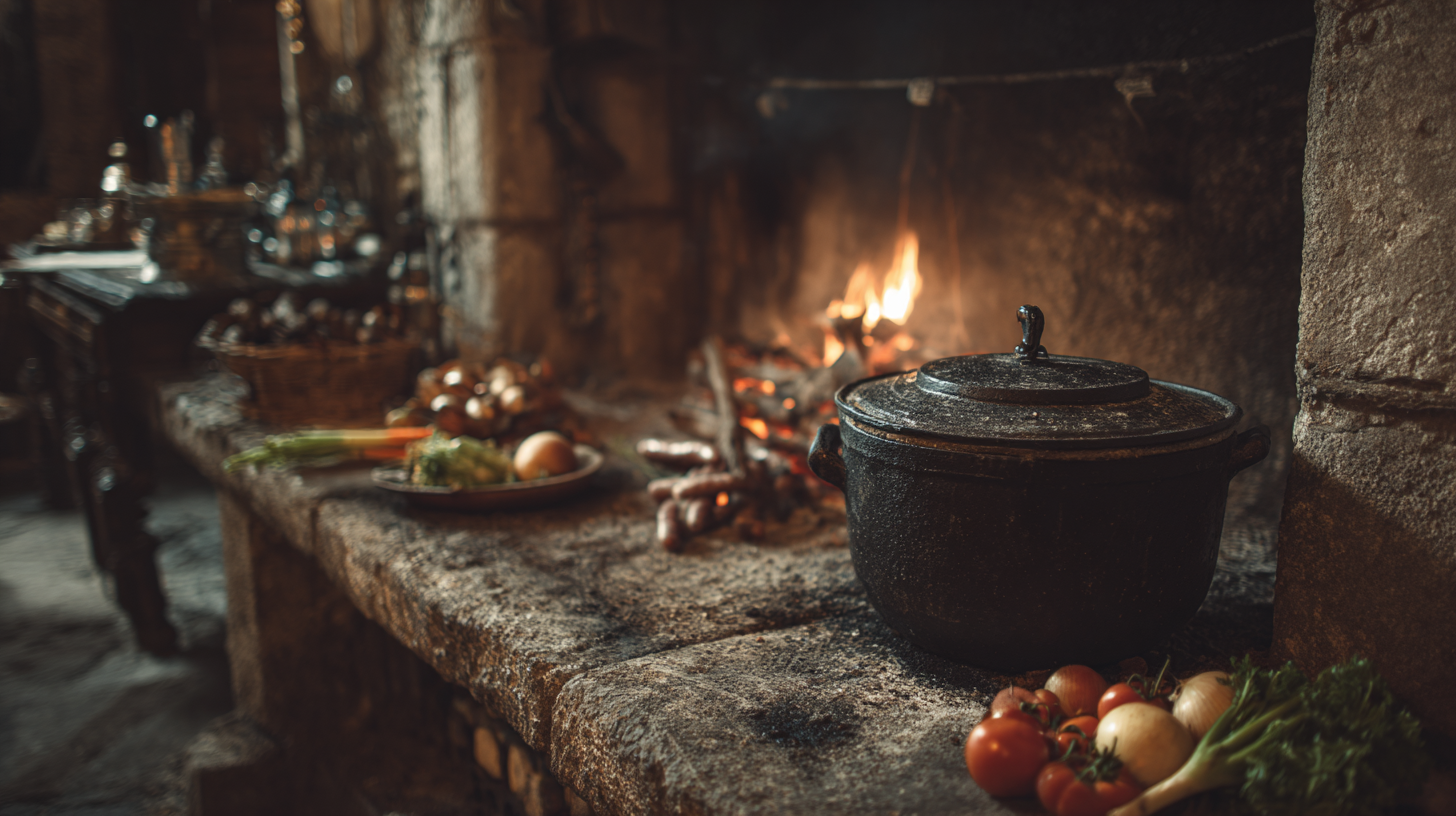 Iron pot simmering over wood fire in a rustic Portuguese kitchen.