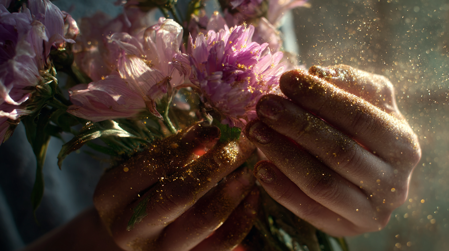 Close-up of hands holding festival flowers in Portugal.