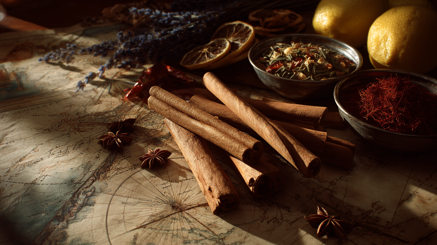 Still-life of spices and old maps symbolizing Portuguese exploration.