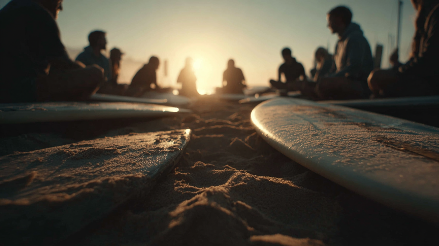 Surfers relaxing in a circle on the beach at sunset.