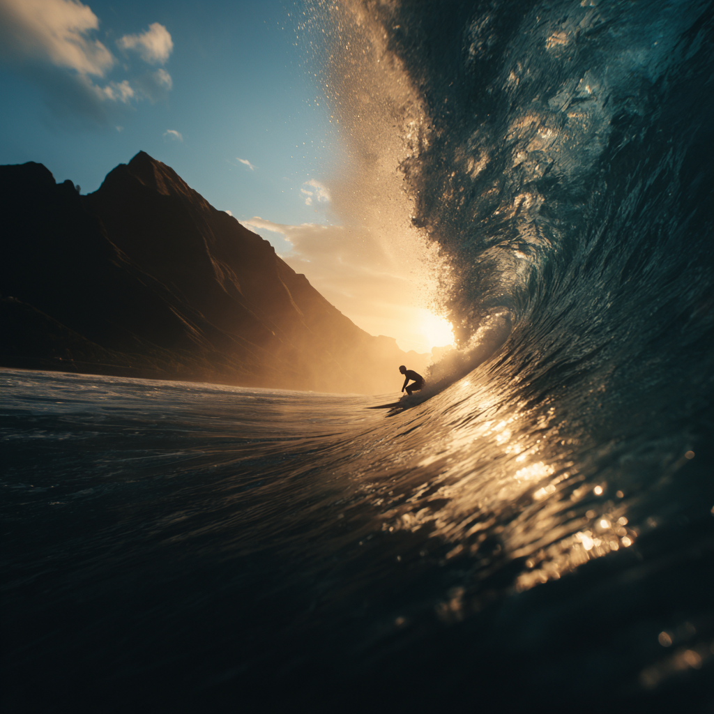 Surfer paddling toward a giant Atlantic wave at sunrise.