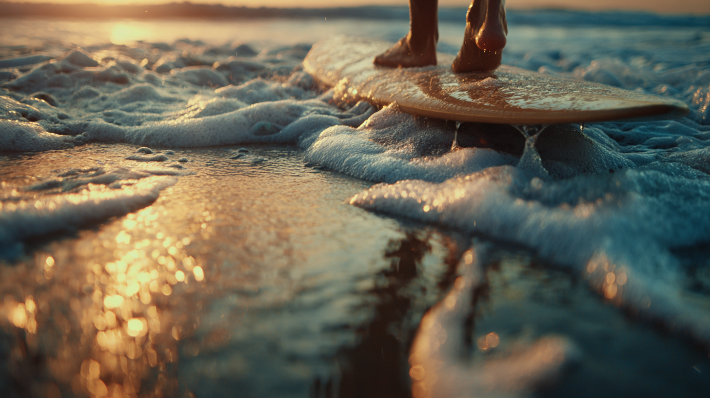 Close-up of a surfer’s feet in ocean foam before entering the water.