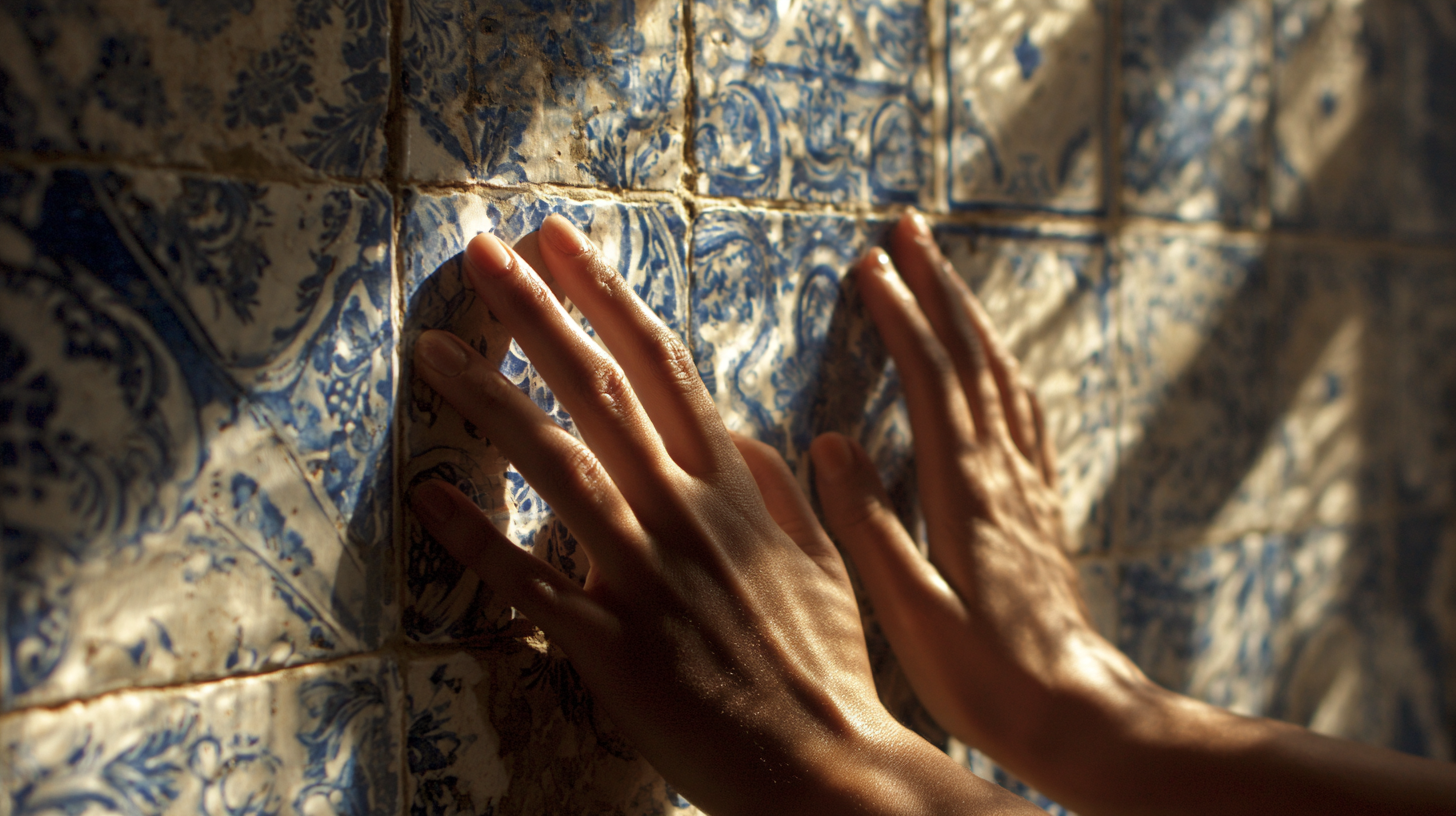 Close-up of hands touching traditional Portuguese tiles.