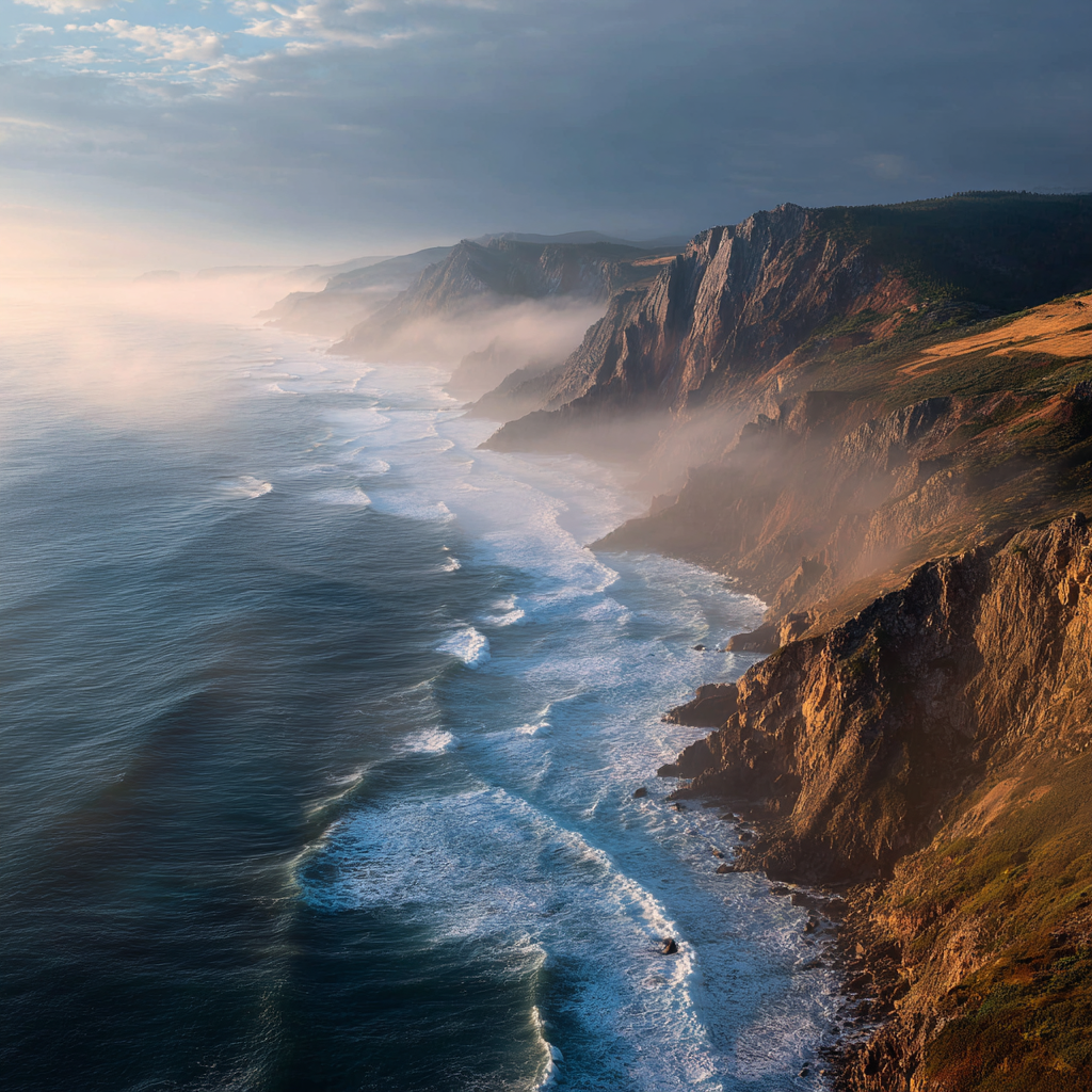 Panoramic cinematic view blending Portugal’s cliffs, mountains, plains, and ocean.