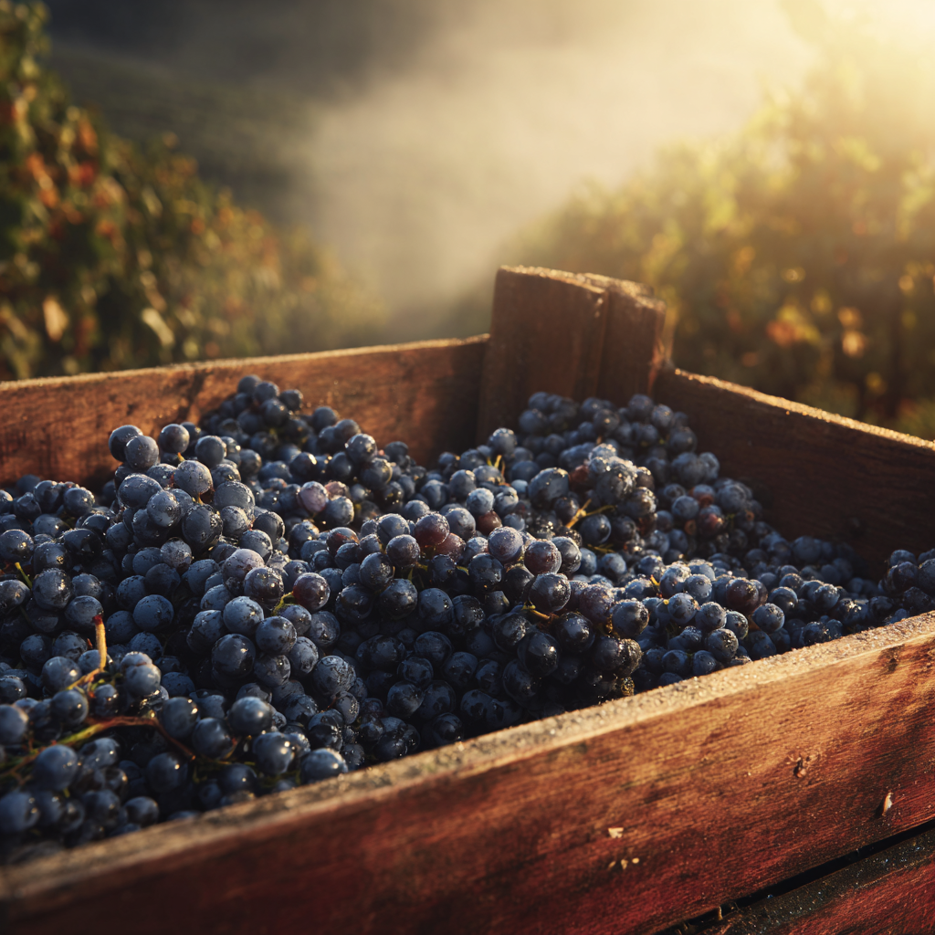 Close-up of freshly harvested wine grapes with terraced vineyards behind.