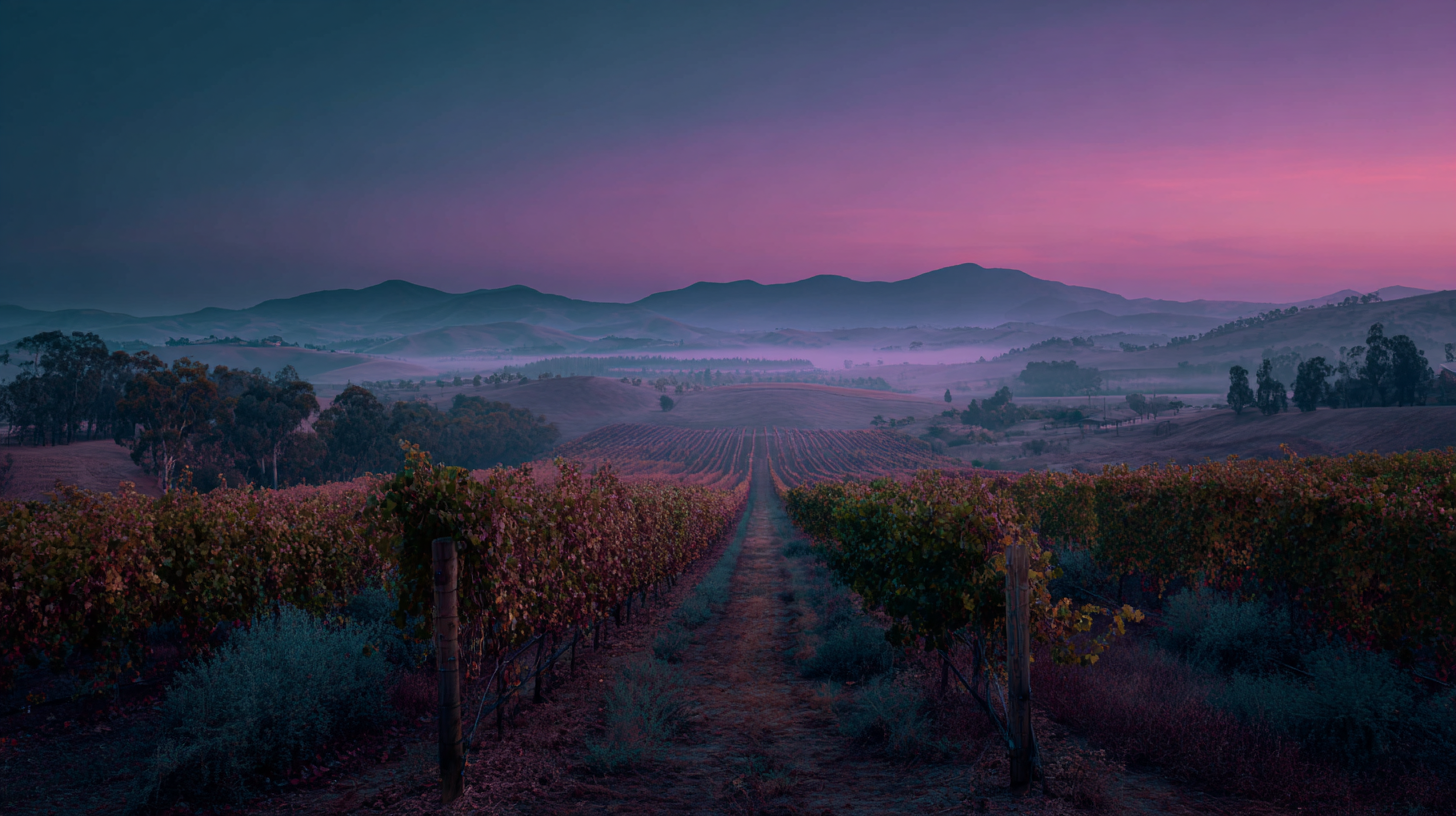 A twilight vineyard overlooking softly lit hills.