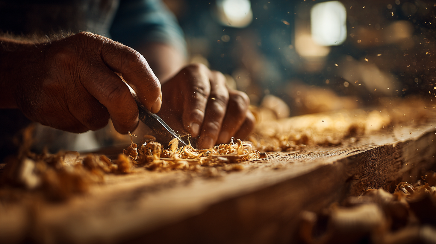 Close-up of hands carving wood with a chisel.