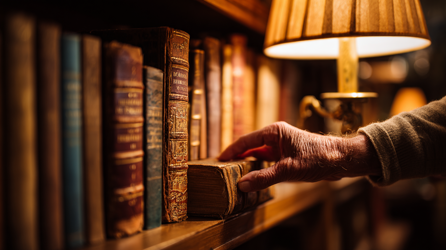 Close-up of a hand selecting a book in a Portuguese bookstore.