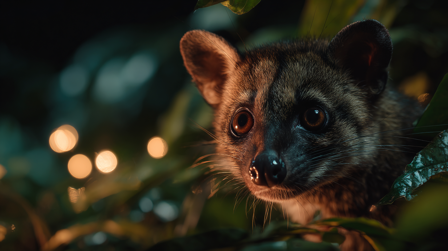 Close-up of a civet’s eyes glowing in nighttime foliage.