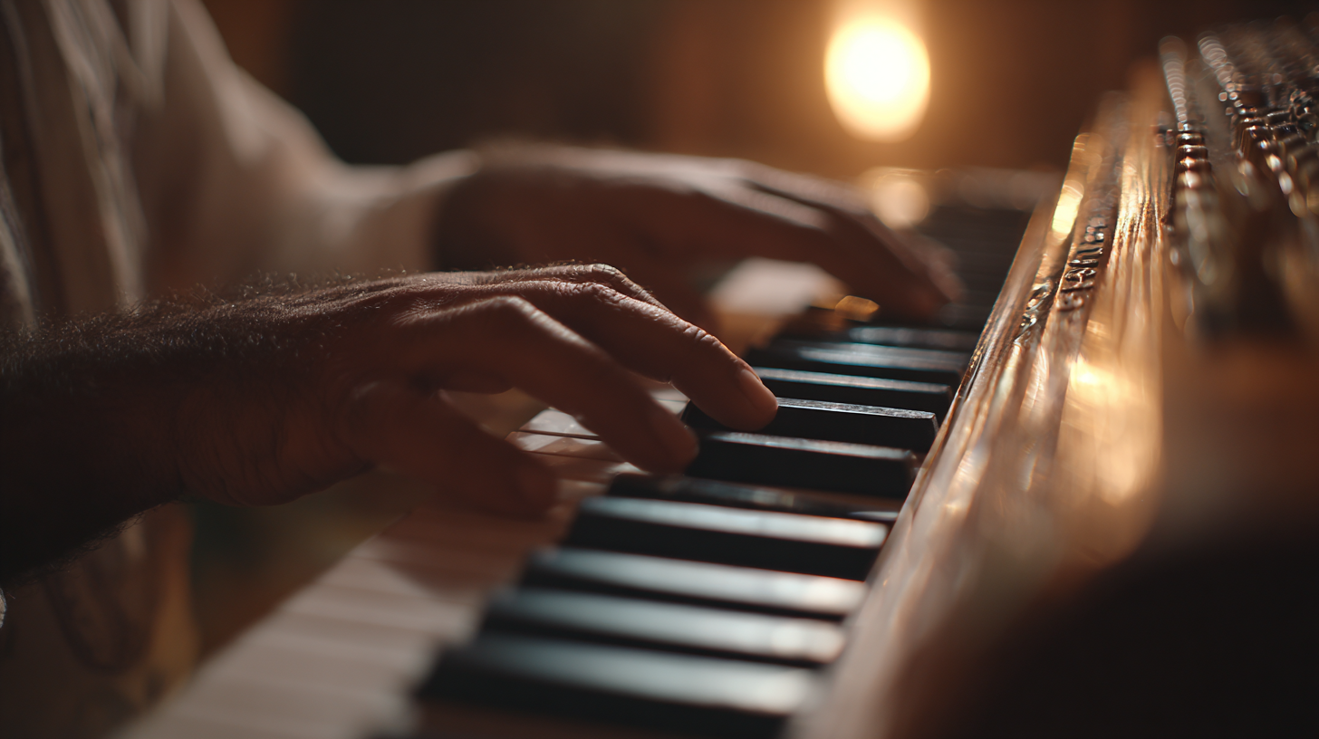 Hands playing harmonium during a qawwali performance.