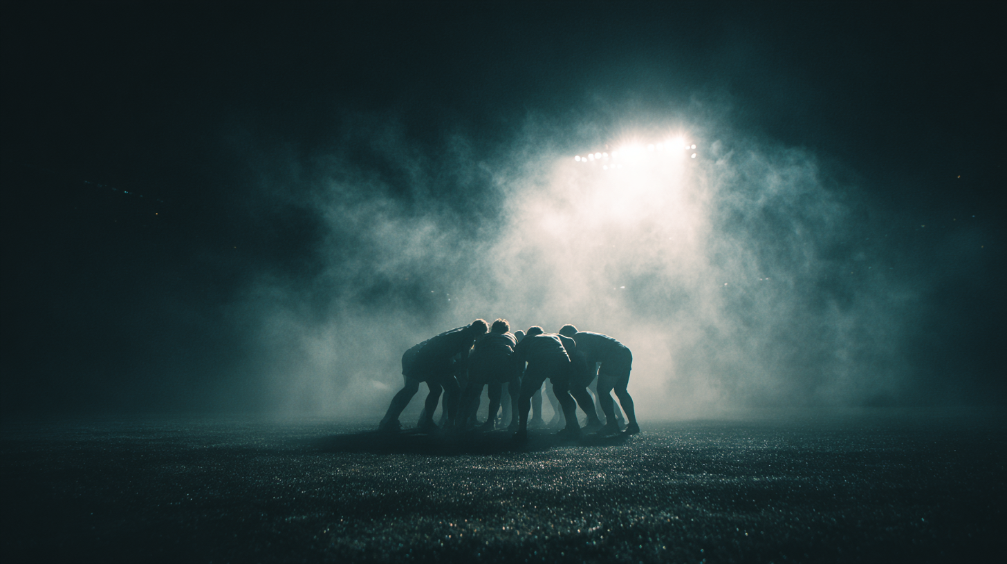 Rugby scrum forming under bright stadium lights with rising mist.