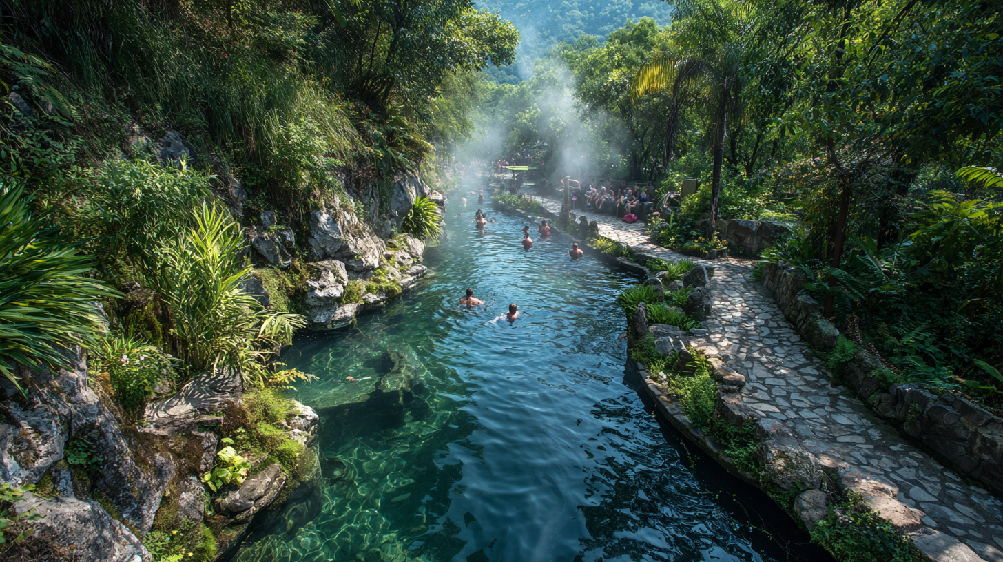 Travelers relaxing in a natural thermal spring.