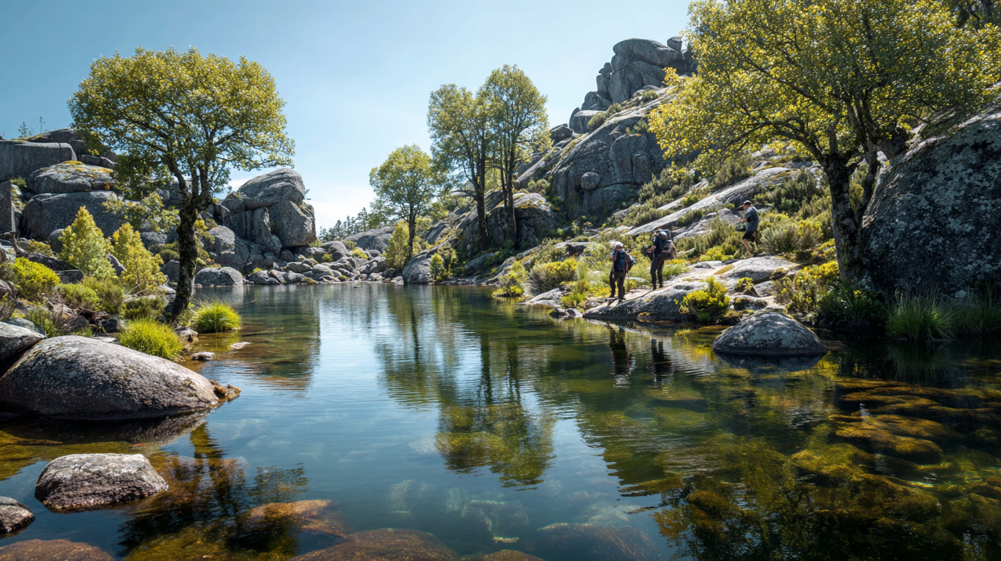 Hikers near a glacial lagoon in Serra da Estrela.