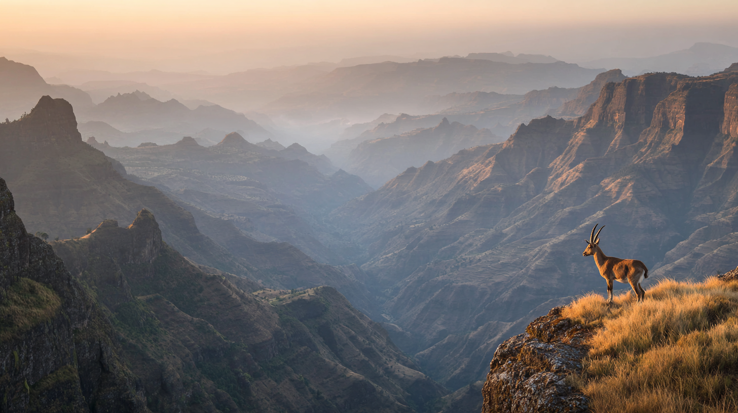 The dramatic cliffs of the Simien Mountains with a Walia ibex standing on a ridge