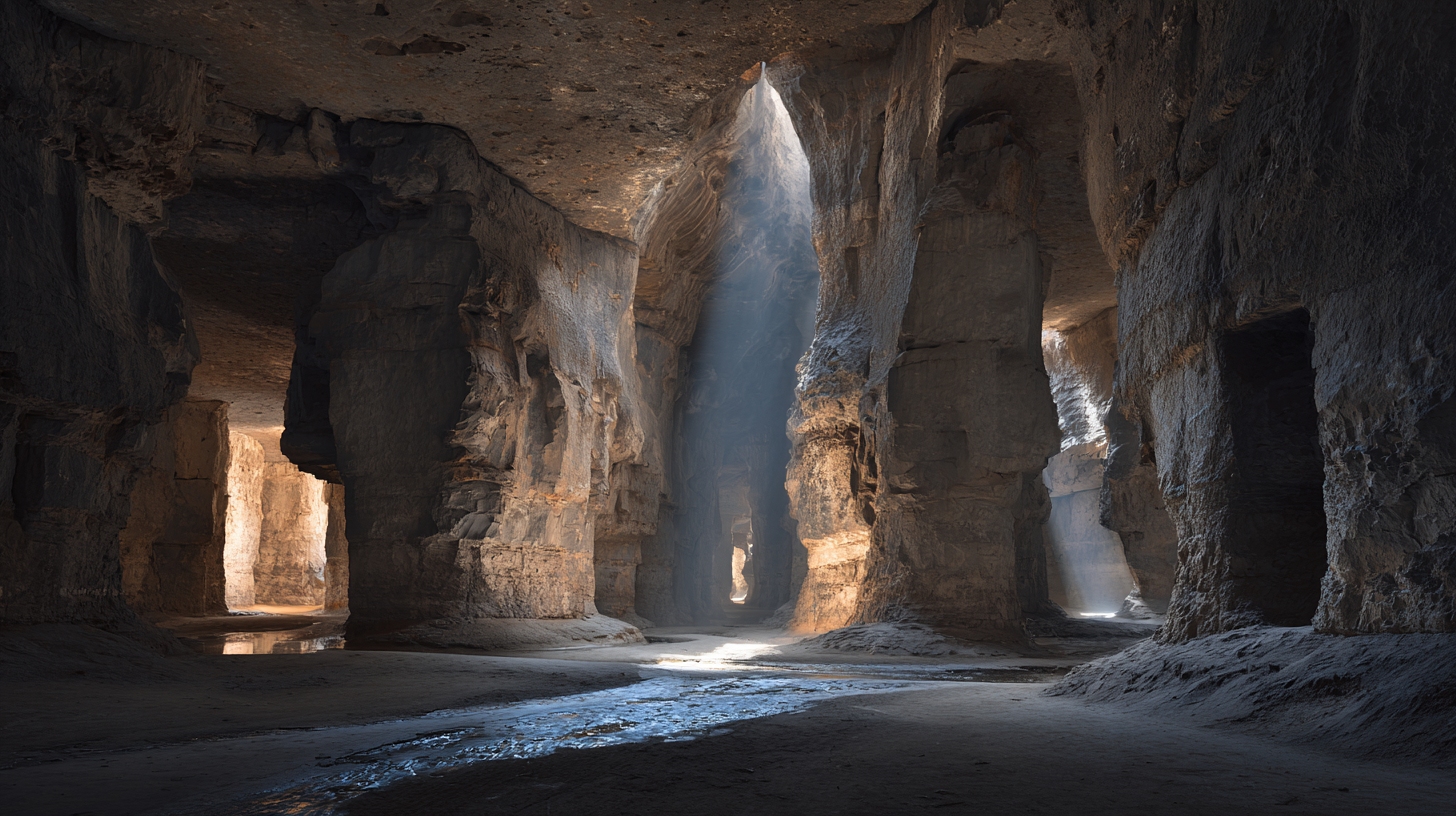 Sunlight illuminating massive limestone pillars inside Ethiopia’s Sof Omar Cave.