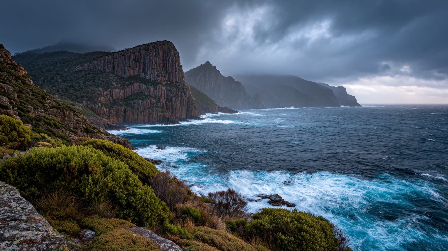 Stormy waves crashing against remote Tasmanian cliffs.