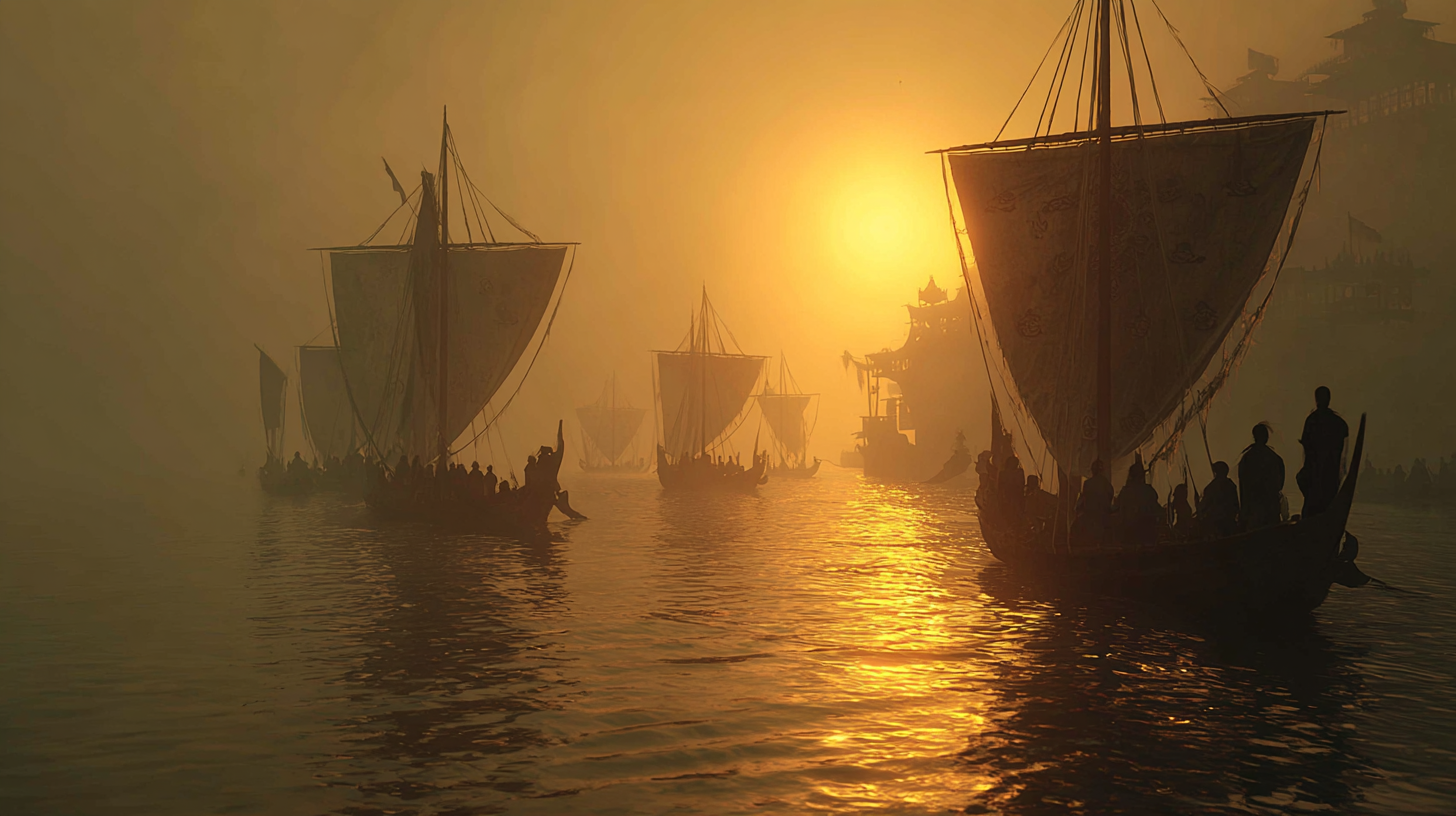 Wooden ships on Southeast Asian waters, representing Srivijaya’s maritime dominance and flourishing trade networks.